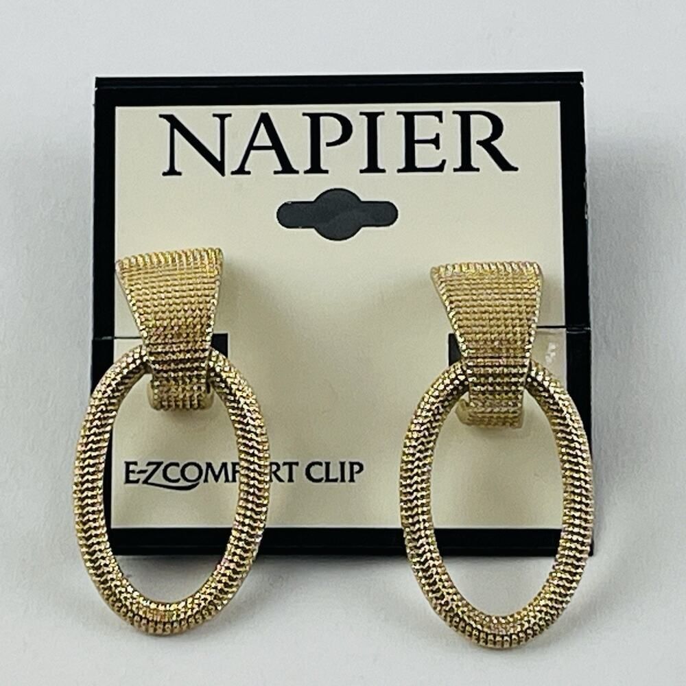Vintage NAPIER Door knocker Gold tone DECO Clip Earrings Glam Textured Ribbed NW